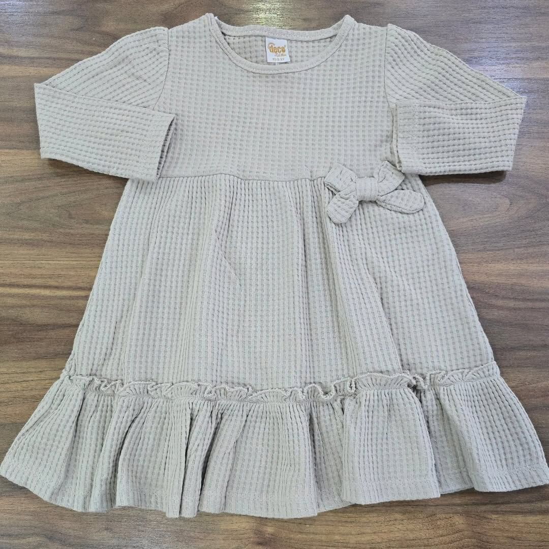 Waffle kumaş fiyonklu fırfırlı elbise