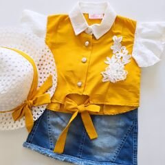 Misse kids şapkalı kot etekli takım