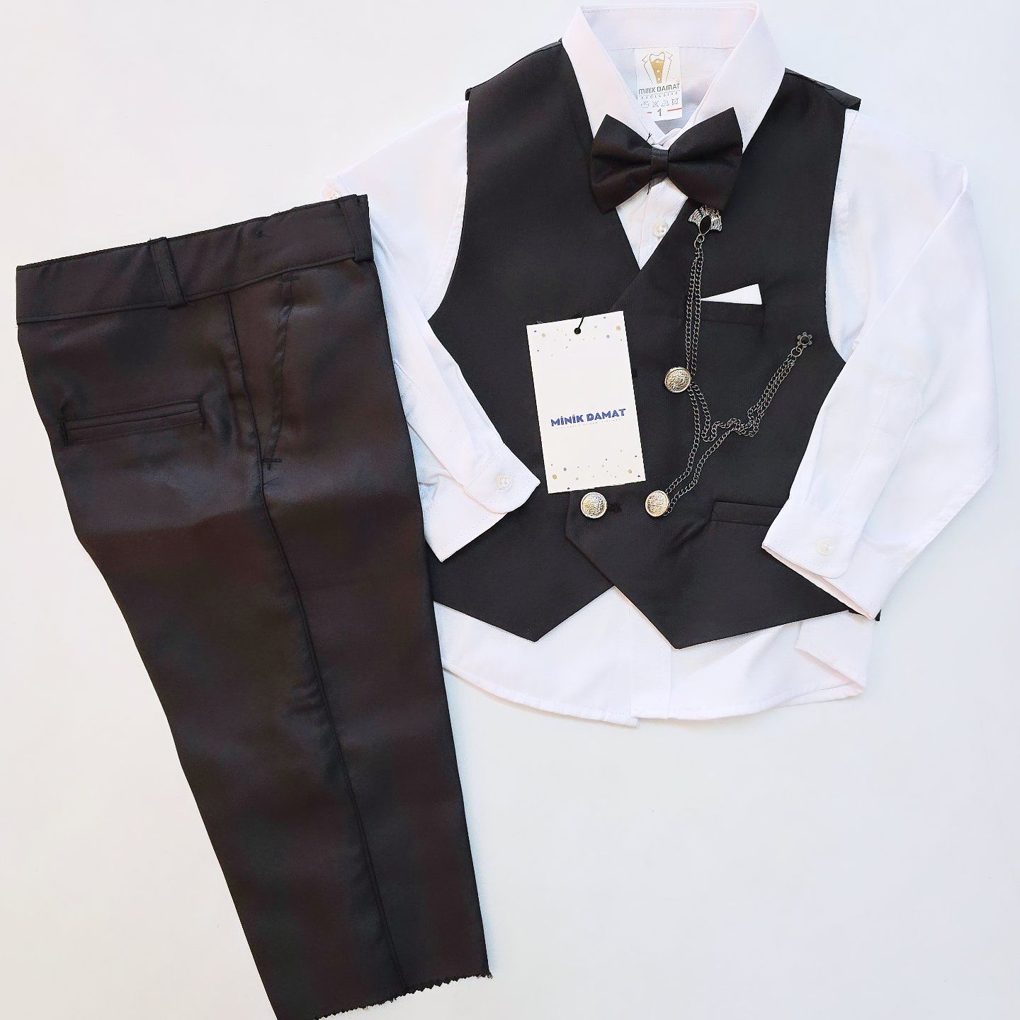 Minil damat kids ayrı papyonlu yelekli damat takım