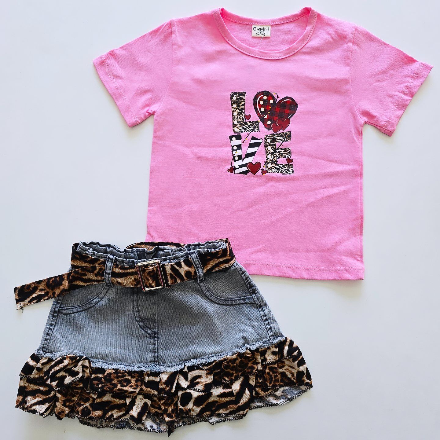 Örfini kids leoparlı kot etekli takım