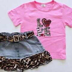 Örfini kids leoparlı kot etekli takım