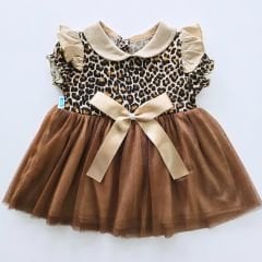 Million baby leoparlı fiyonklu kolu fırfırlı içi astarlı elbise
