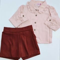 Carino kids pileli şort etekli gömlekli takım