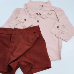 Carino kids pileli şort etekli gömlekli takım