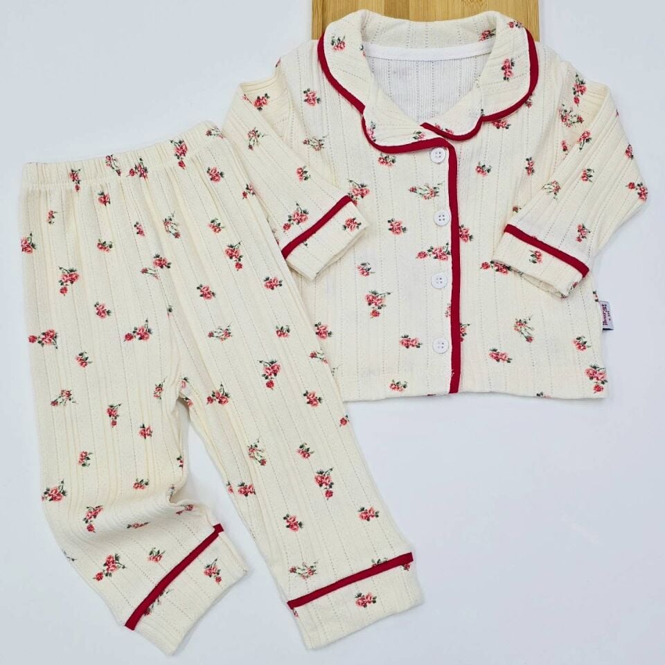 Çiçekli önden düğmeli pijama takım 6-9-12-18-24 AY