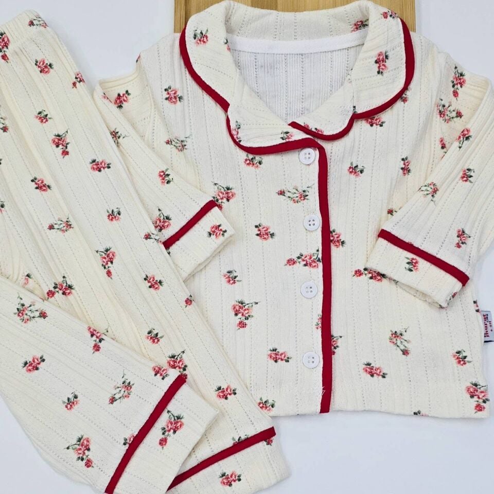 Çiçekli önden düğmeli pijama takım 6-9-12-18-24 AY