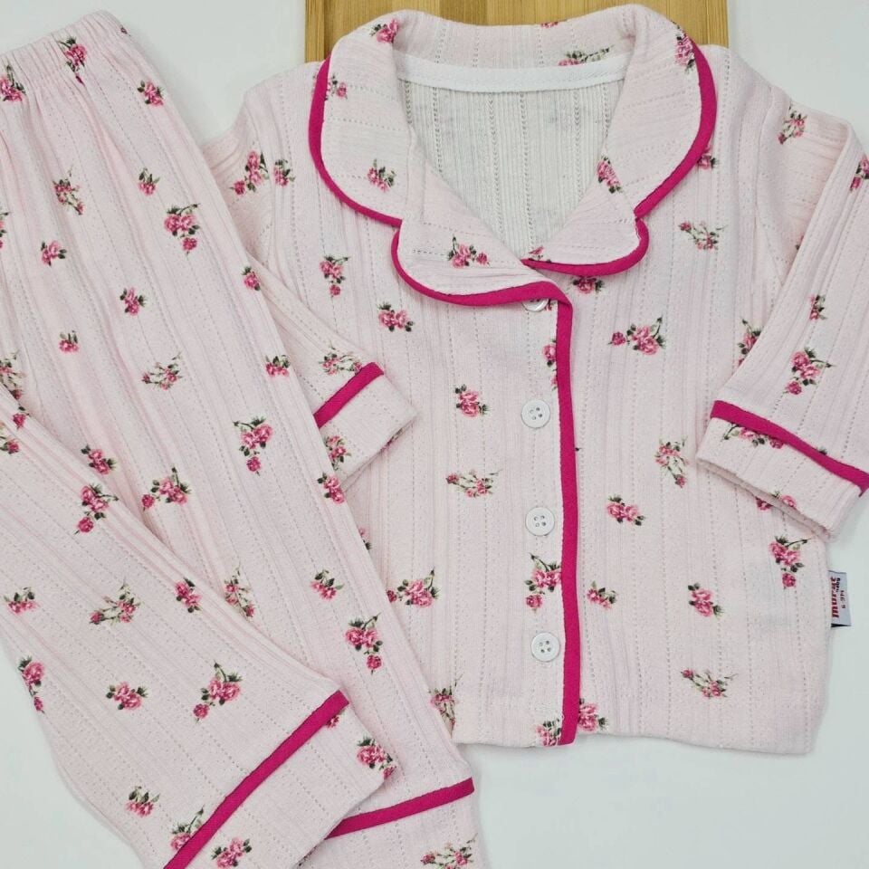 Çiçekli önden düğmeli pijama takım 6-9-12-18-24 AY