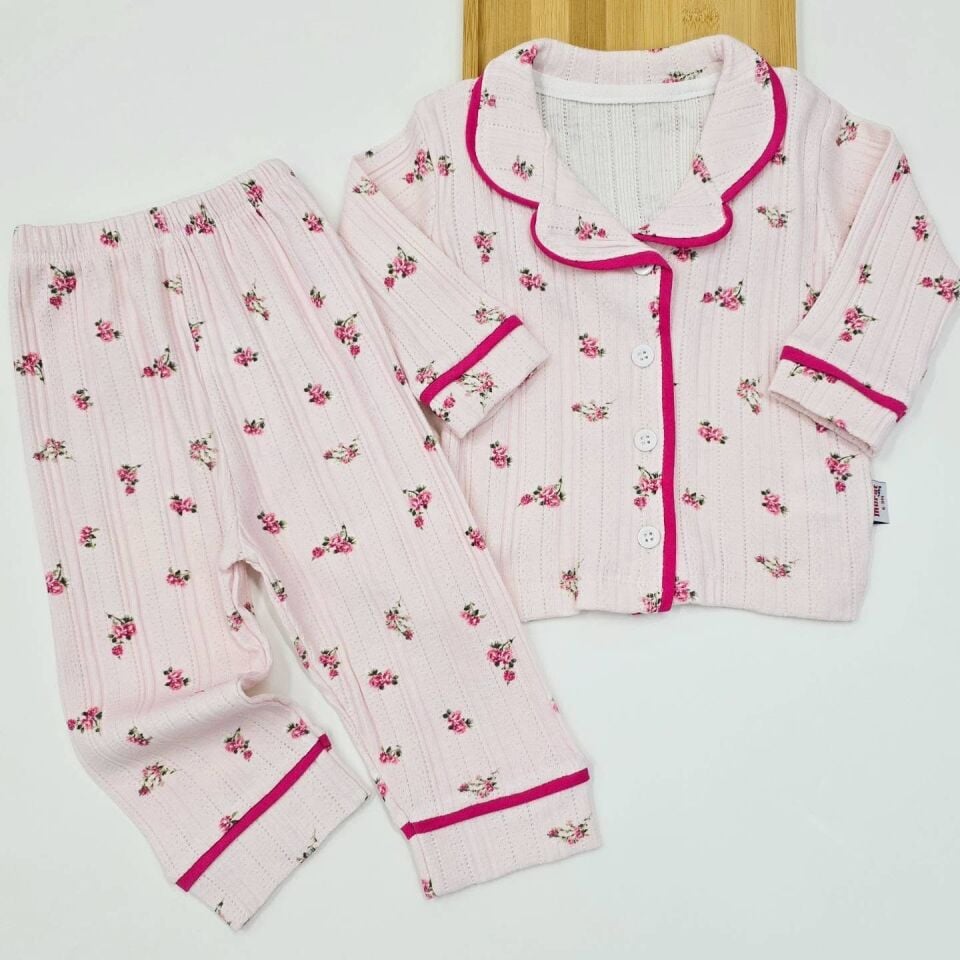 Çiçekli önden düğmeli pijama takım 6-9-12-18-24 AY