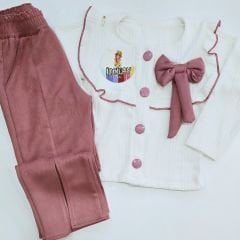İncilay kids düğmeli fiyonklu süet pantolonlu takım