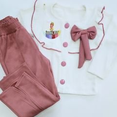 İncilay kids düğmeli fiyonklu süet pantolonlu takım