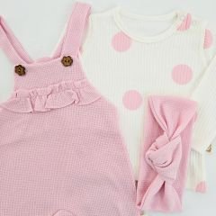 Bebetalya penye puanlı badili,bandanalı waffle salopet pembe