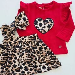 Deco baby leoparlı bandanalı etekli takım kırmızı