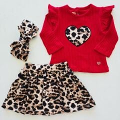 Deco baby leoparlı bandanalı etekli takım kırmızı