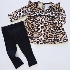 Deco baby leoparlı fitilli taytlı takım
