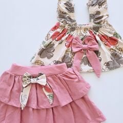 Deco kids çiçekli fiyonklu etekli takım