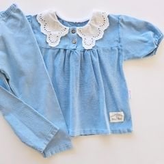 Baby buu yakası dantelli esnek yumuşak dokulu kot takım
