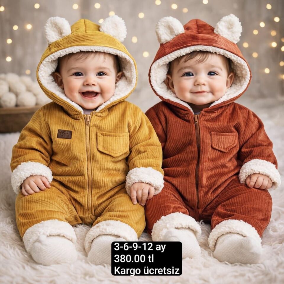 Kapşonlu kadife içi peluş tulum 3-6 ay (68 cm) - sarı