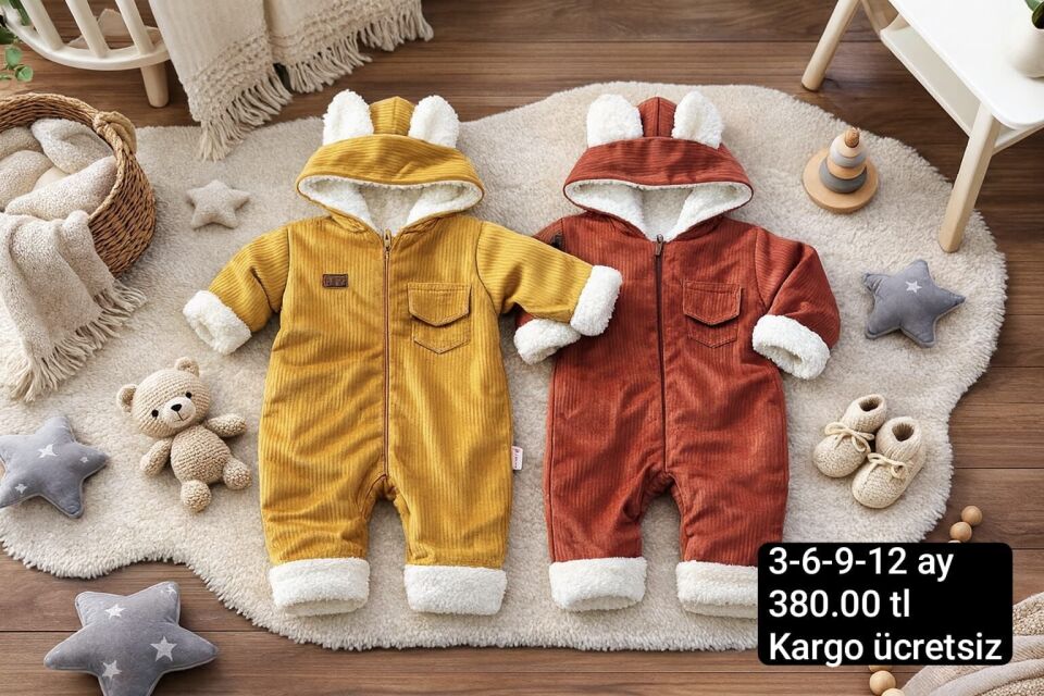 Kapşonlu kadife içi peluş tulum 9-12 ay (80 cm) - sarı