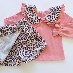 Aycity kids yakası fırfırlı leoparlı şort etekli takım