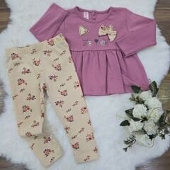 Kedili çiçekli taytlı takım