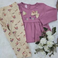 Kedili çiçekli taytlı takım