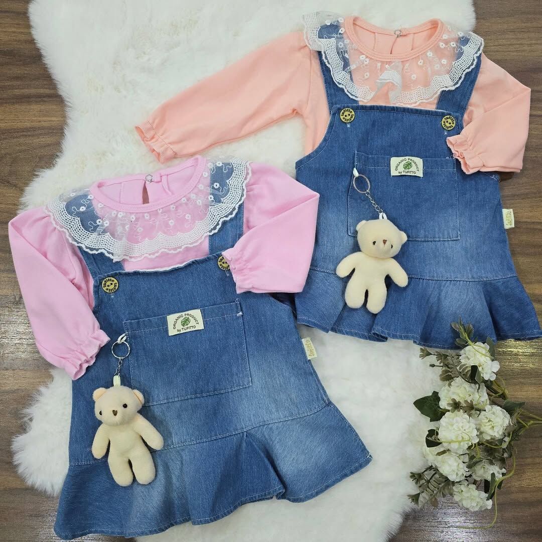 Dantelli ayrı badili ayıcıklı kot slopet elbise