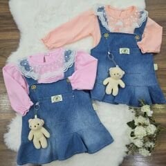 Dantelli ayrı badili ayıcıklı kot slopet elbise