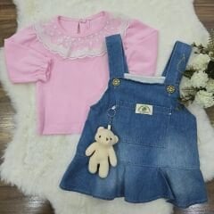 Dantelli ayrı badili ayıcıklı kot slopet elbise