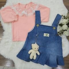 Dantelli ayrı badili ayıcıklı kot slopet elbise