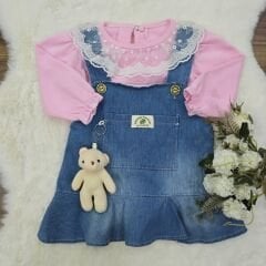 Dantelli ayrı badili ayıcıklı kot slopet elbise