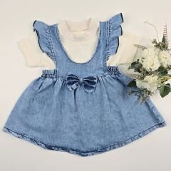 Fırfırlı Fiyonklu Kot Elbise