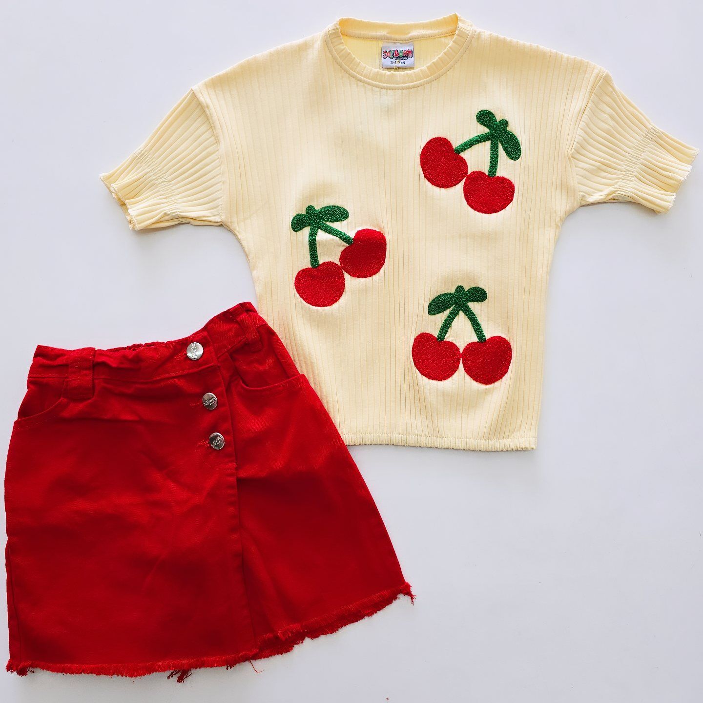 Jeliboom kids fitilli kirazlı süzene kot şort etekli takım