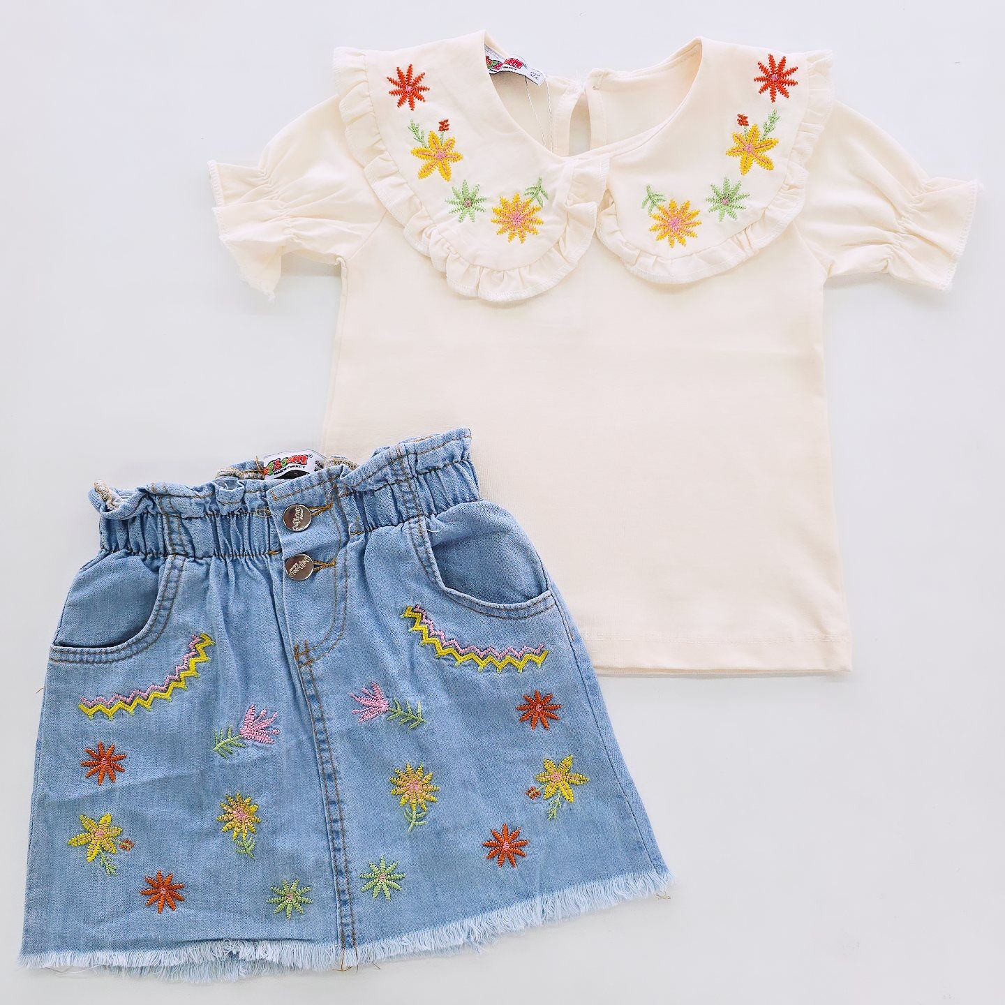 Jeliboom kids çiçek nakışlı kot etekli takım