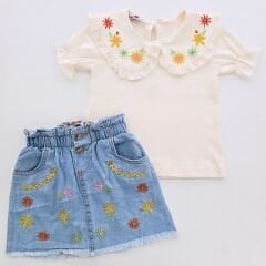 Jeliboom kids çiçek nakışlı kot etekli takım