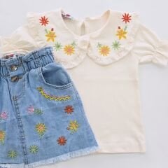 Jeliboom kids çiçek nakışlı kot etekli takım