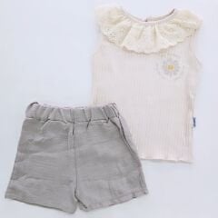 Minamino kids yakası dantelli müslin şortlu takım
