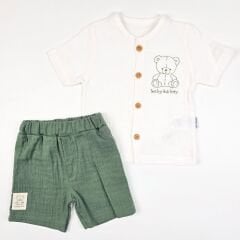 Baby hi ayıcık nakış detaylı gömlekli şortlu müslin takım