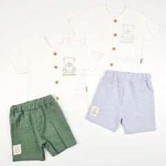 Baby hi ayıcık nakış detaylı gömlekli şortlu müslin takım