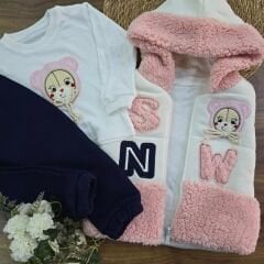 Kapşonlu welsoflu kuzulu yelekli takım