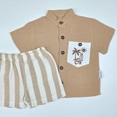 Çıtır palmiyeli desenli, cepli gömlekli müslin takım