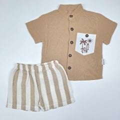 Çıtır palmiyeli desenli, cepli gömlekli müslin takım