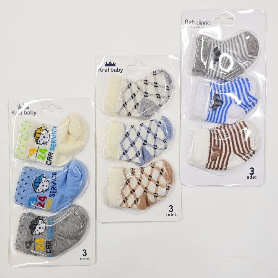 3'lü 1 paket bebek çorap 0-6 AY (ERKEĞE UYGUN KARIŞIK  GÖNDERİLECEKTİR)
