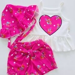 Bebingo baby askılı çiçekli kalp nakışlı şortlu takım fuşya