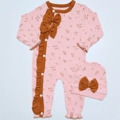 Coşay baby çiçekli fırfırlı fiyonklu bereli fitilli tulum