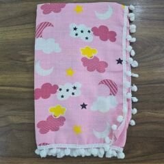 Çift katlı ponponlu müslin battaniye 80x90 cm