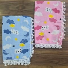 Çift katlı ponponlu müslin battaniye 80x90 cm