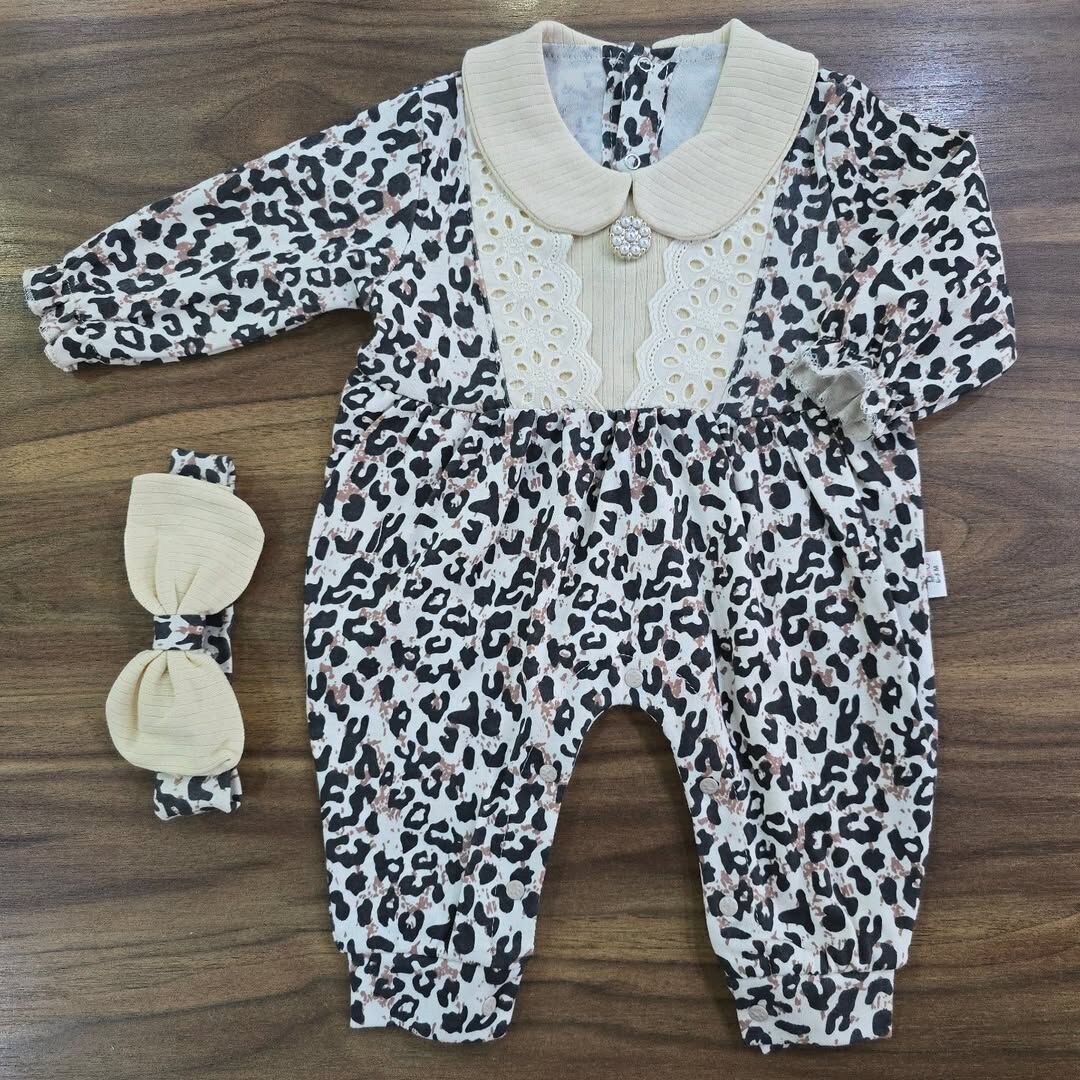 Leoparlı dantelli bandanalı tulum