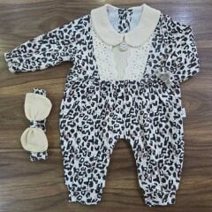 Leoparlı dantelli bandanalı tulum