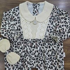 Leoparlı dantelli bandanalı tulum