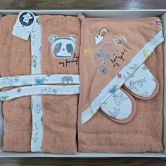 Miniworld Başlıklı havlulu, bornozlu, terlikli,keseli bornoz seti